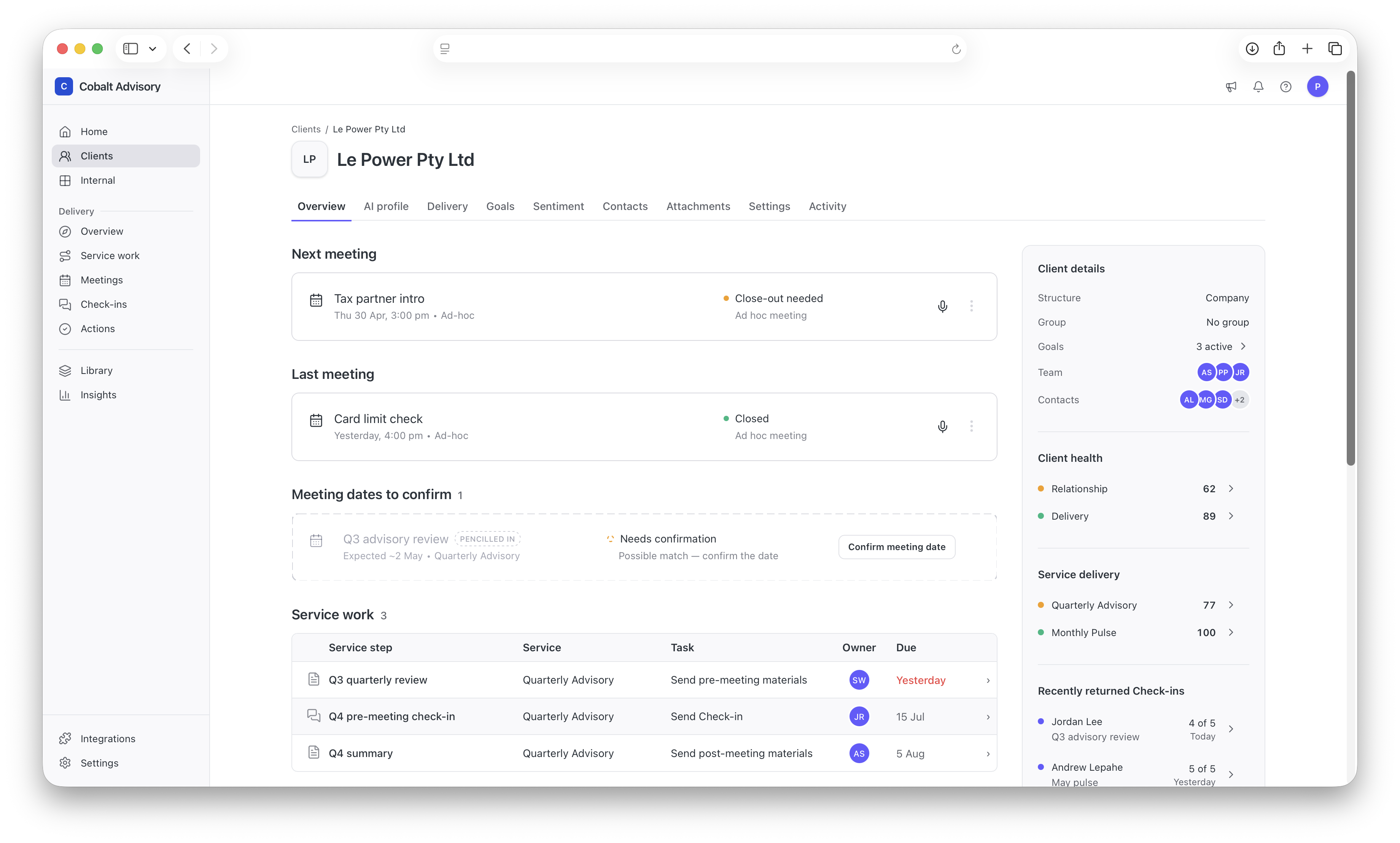 Brieff client overview: next meeting, service work, priority actions and client health in one place
