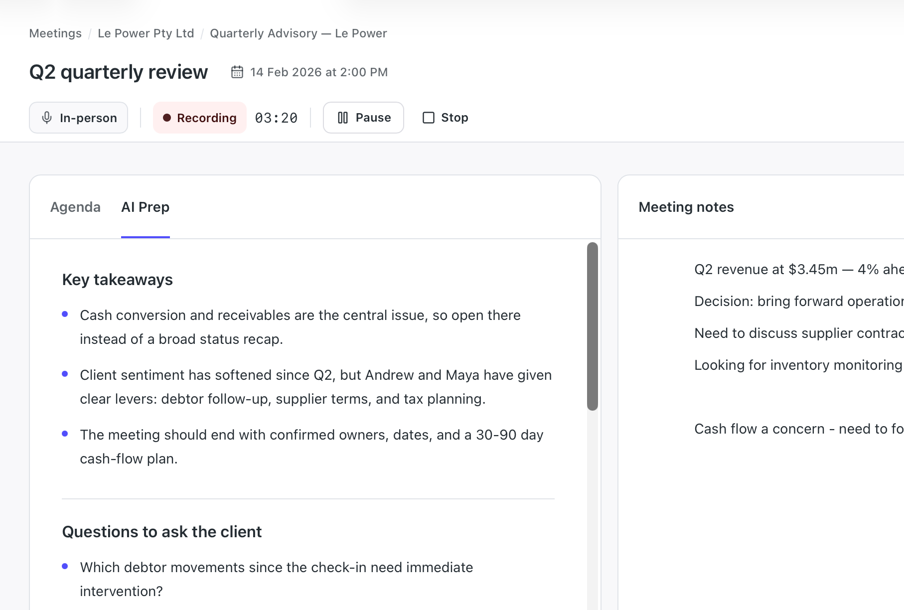 Brieff meeting workspace recording a Q2 quarterly review with AI prep key takeaways, questions to ask and live meeting notes
